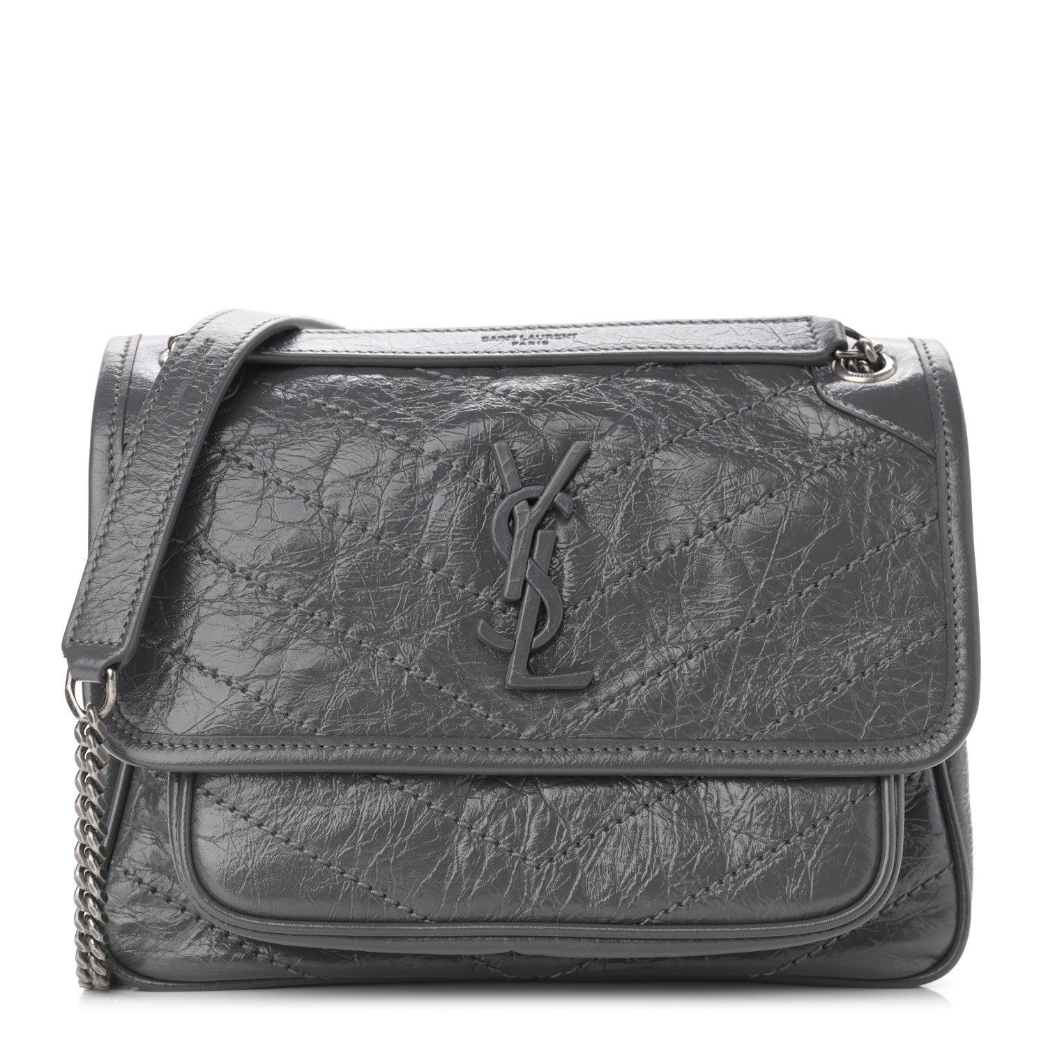 Saint Laurent Crinkled Calfskin Matelasse Monogram Baby Niki Chain Satchel Storm 1 of 13