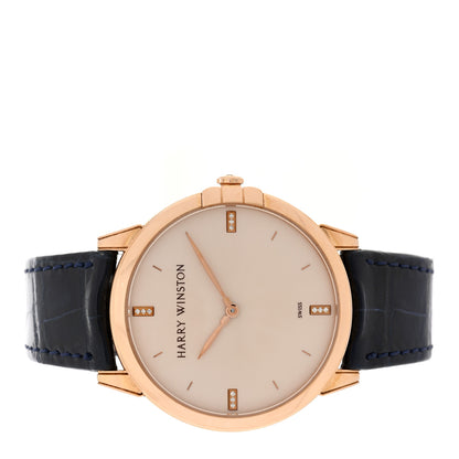 Harry Winston 18K Rose Gold Alligator Diamond 39mm Midnight Quartz Watch Champagne 2 of 6