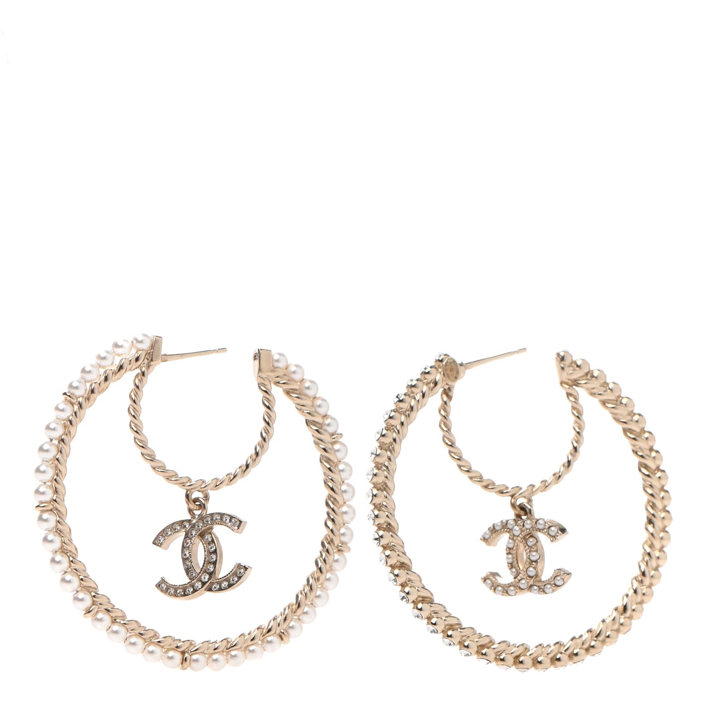 Crystal Pearl CC Drop Hoop Earrings Gold Pearly White