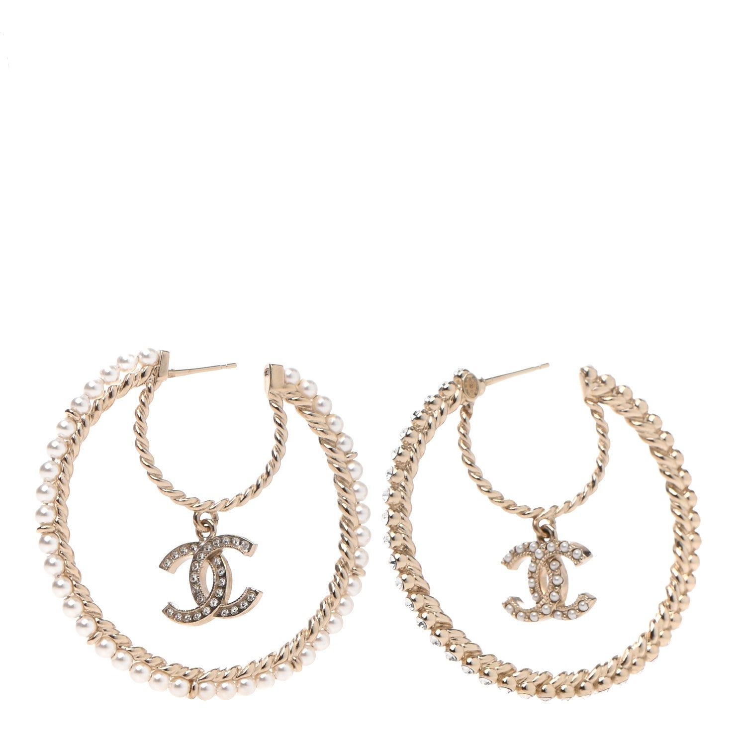 Chanel Crystal Pearl CC Drop Hoop Earrings Gold Pearly White 4 of 5