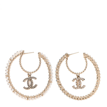 Chanel Crystal Pearl CC Drop Hoop Earrings Gold Pearly White 4 of 5