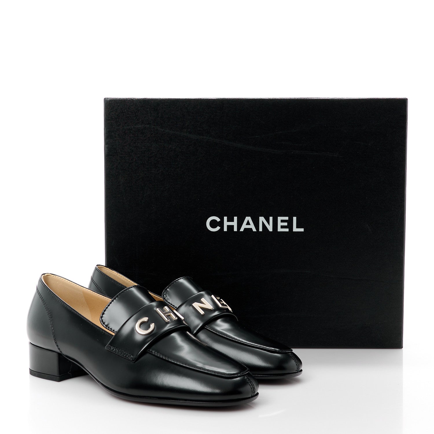 Chanel Shiny Calfskin Logo Loafers 35 Black 11 of 11