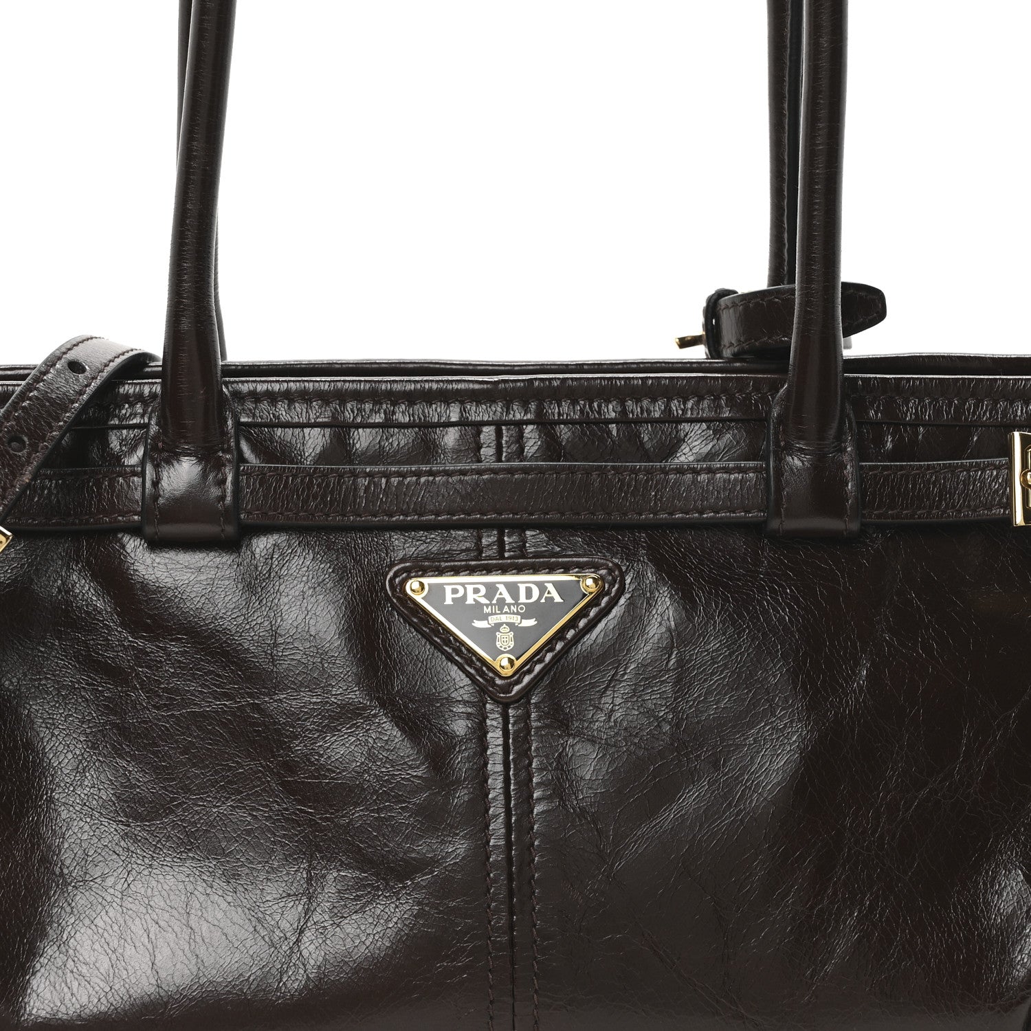 Prada Glossy Calfskin Triangle Medium Bonnie Shoulder Bag Dark Brown 7 of 9