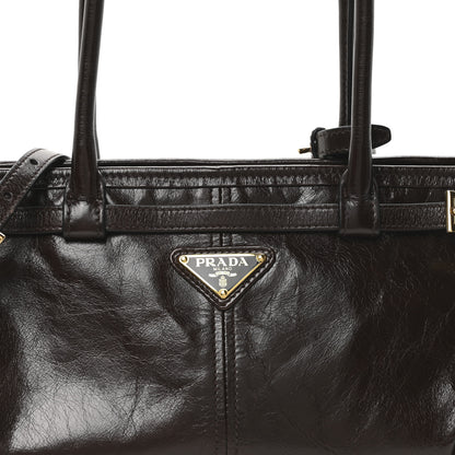 Prada Glossy Calfskin Triangle Medium Bonnie Shoulder Bag Dark Brown 7 of 9