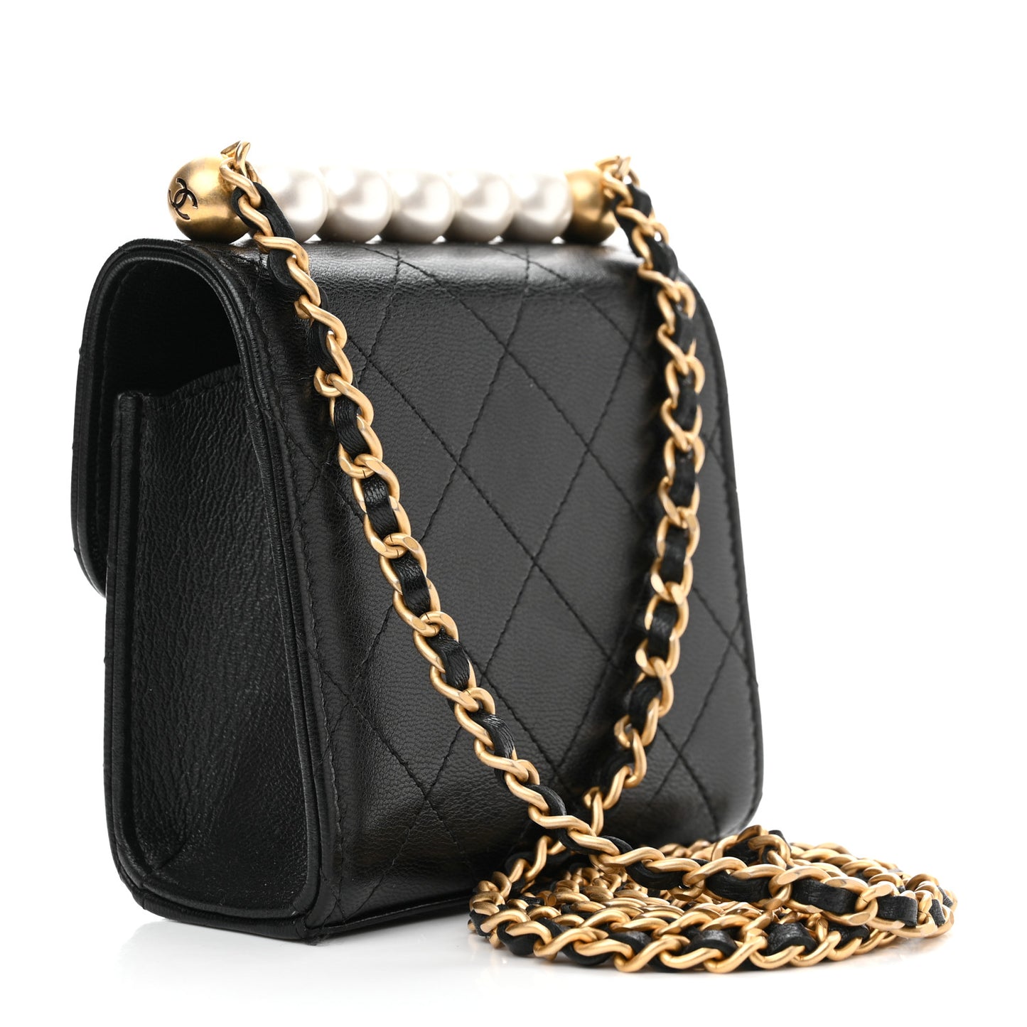 Goatskin Chic Pearls Clutch On Chain Black
