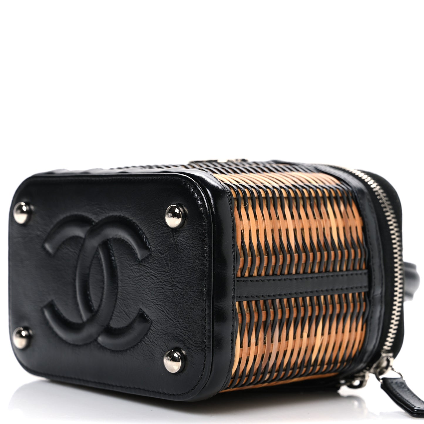 Calfskin Raffia Small Vanity Case Bag Black Beige
