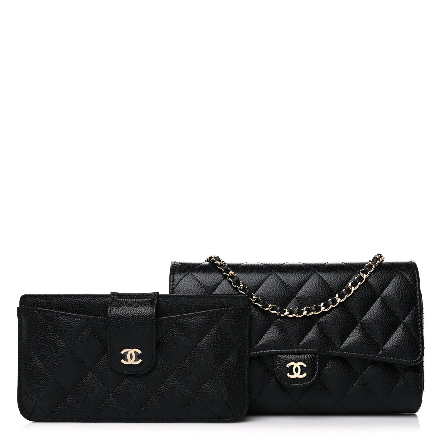Caviar Quilted Phone Holder Wallet on Removable Chain Black