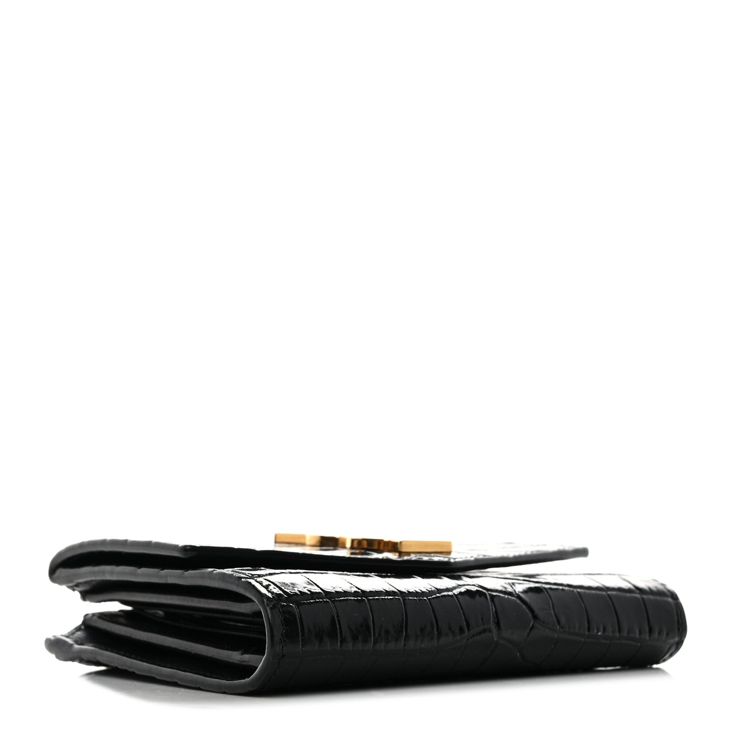 Saint Laurent Shiny Calfskin Crocodile Embossed Monogram Uptown Compact Wallet Black 4 of 13