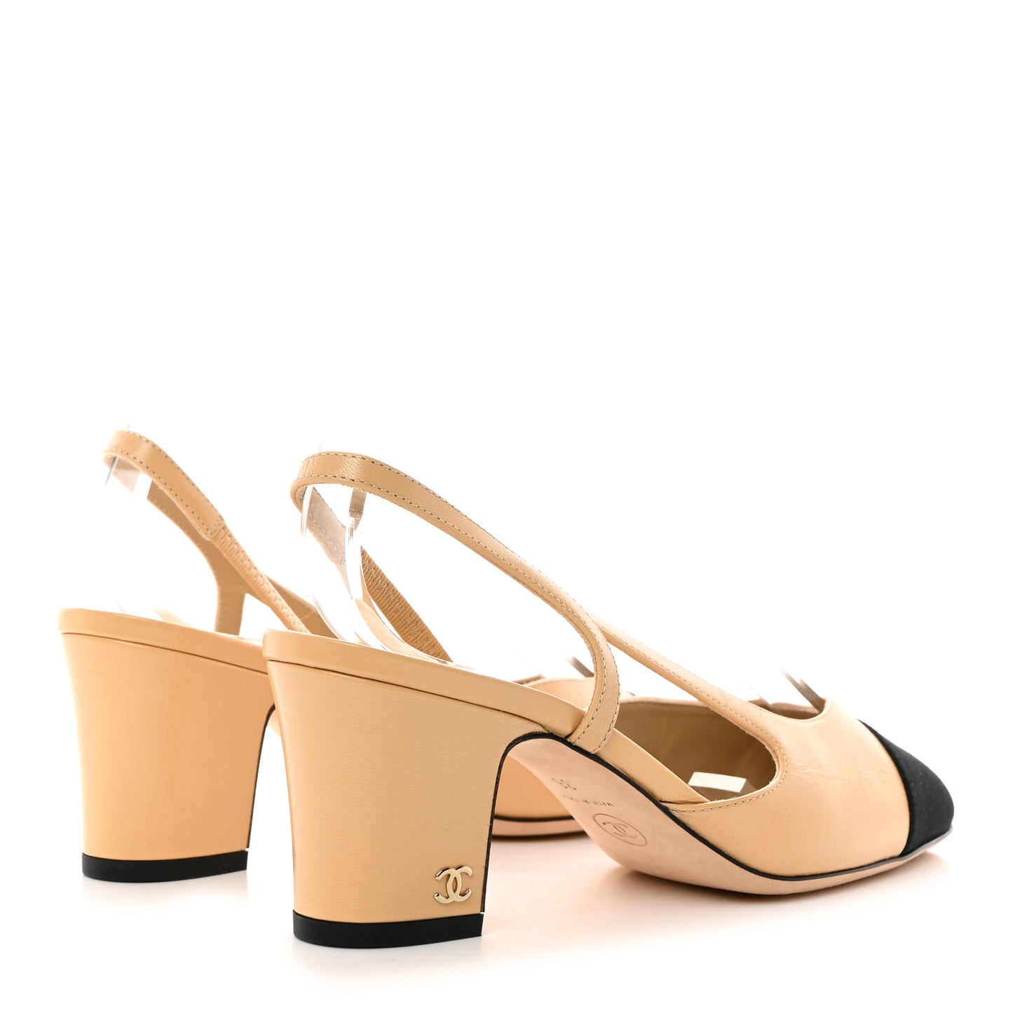 Goatskin Grosgrain Cap Toe CC Slingback Pumps 38 Beige Black