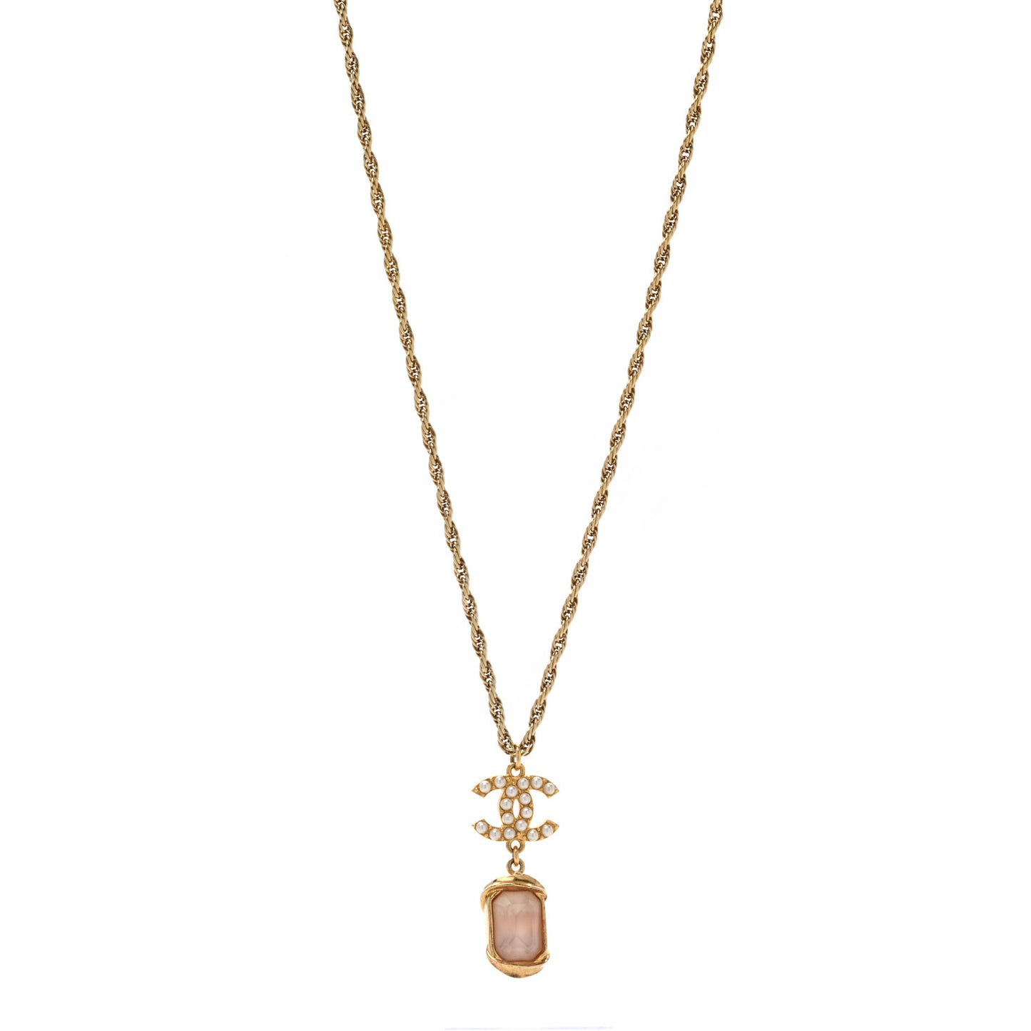 Pearl Crystal CC Pendant Necklace Gold Pink Pearly White
