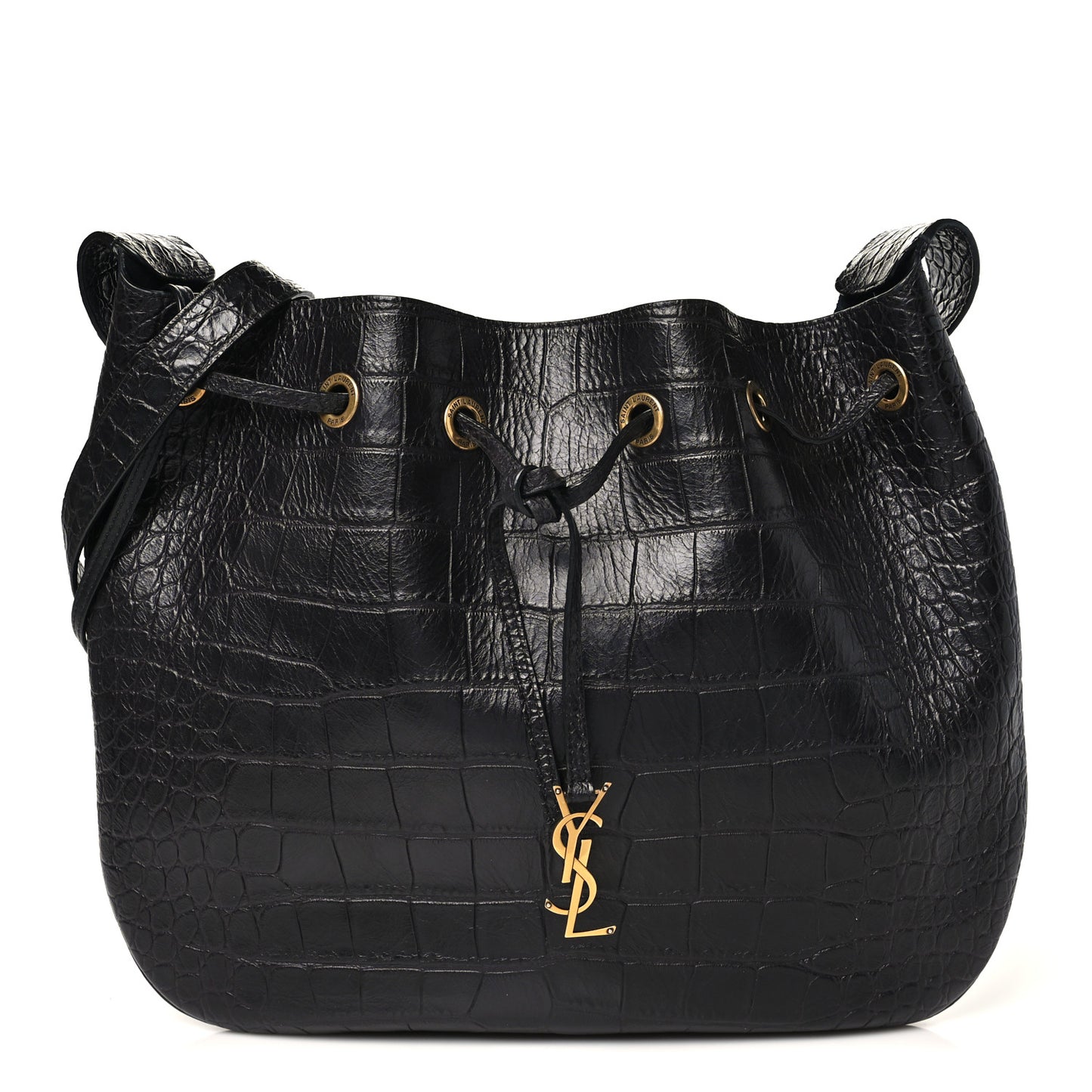 Calfskin Crocodile Embossed Paris VII Large Flat Hobo Black