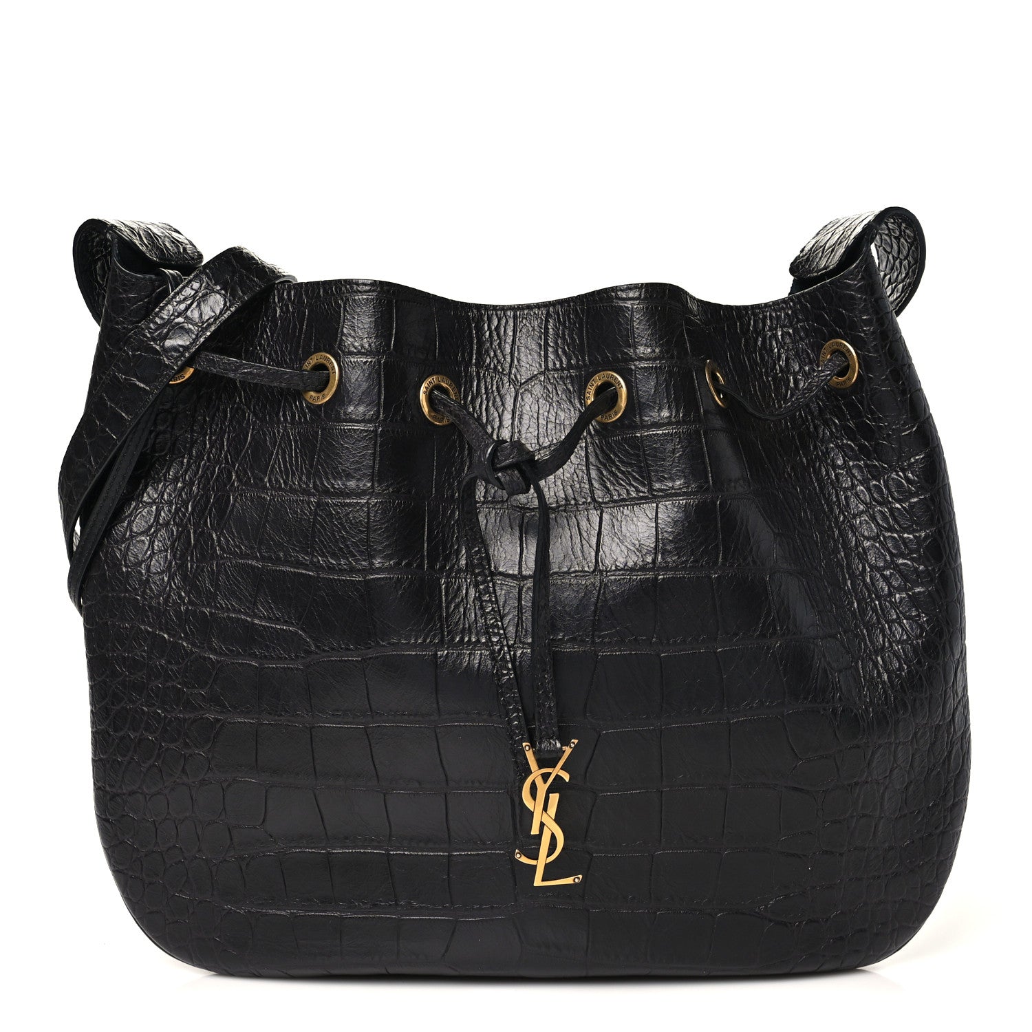 Saint Laurent Calfskin Crocodile Embossed Paris VII Large Flat Hobo Black 1 of 11