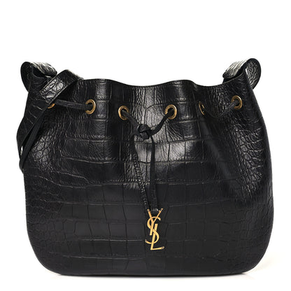 Saint Laurent Calfskin Crocodile Embossed Paris VII Large Flat Hobo Black 1 of 11