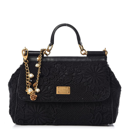 Dolce & Gabbana Calfskin Medium Embroidered Laser Cut Miss Sicily Satchel Black 1 of 10