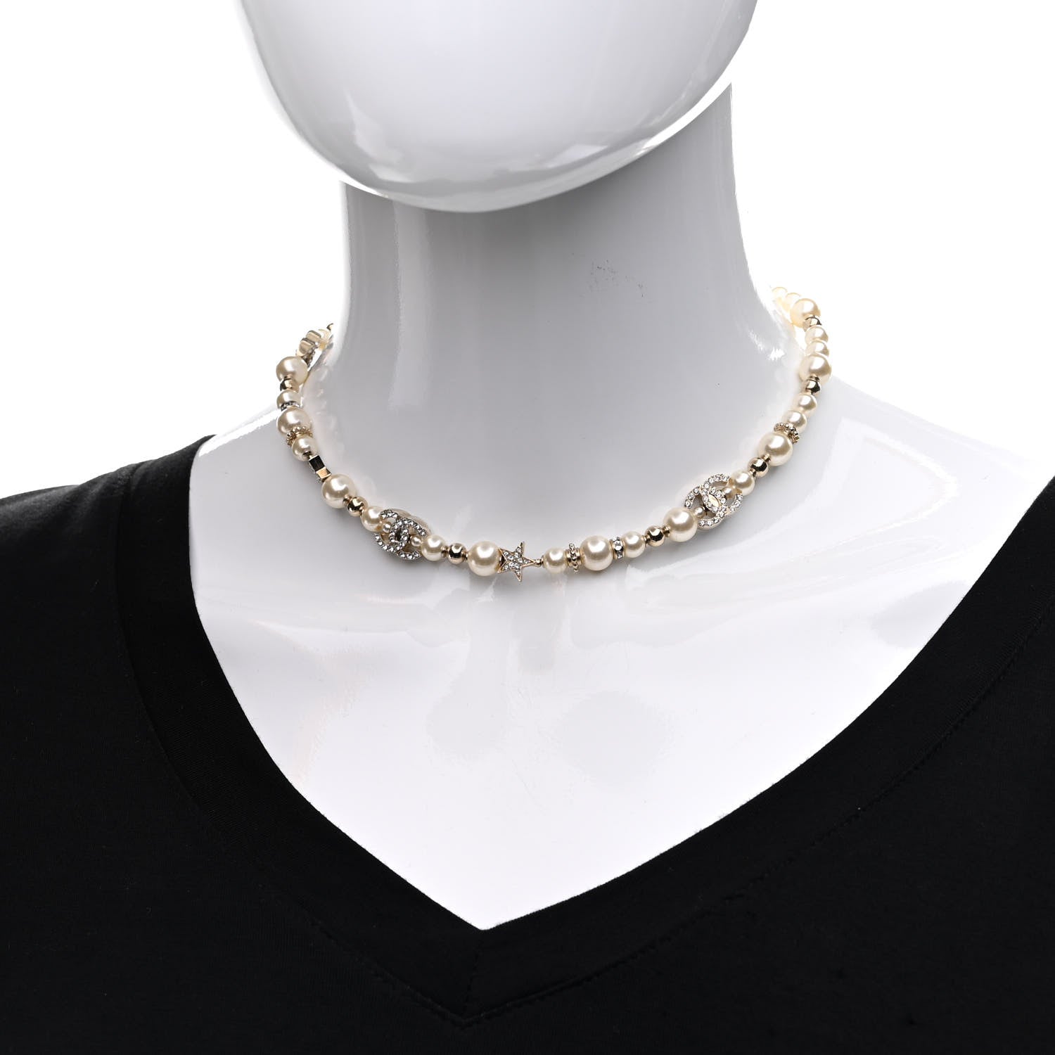 Chanel Metal Crystal Pearl CC Star Short Necklace Gold 2 of 6