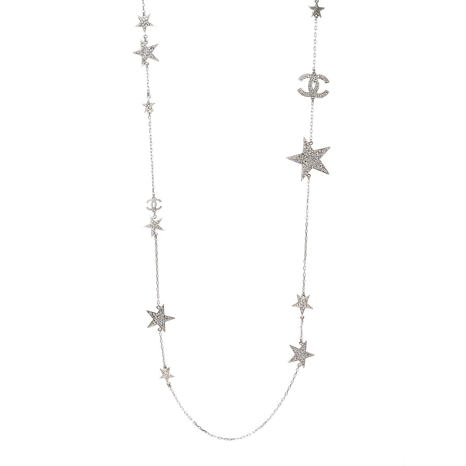 Chanel Crystal Star CC Long Necklace Silver 1 of 5