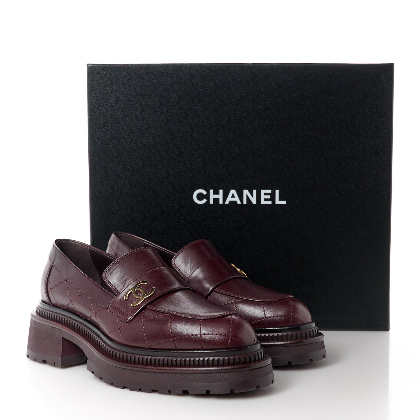 Calfskin Quilted CC Mocassin Loafers 36.5 Dark Purple