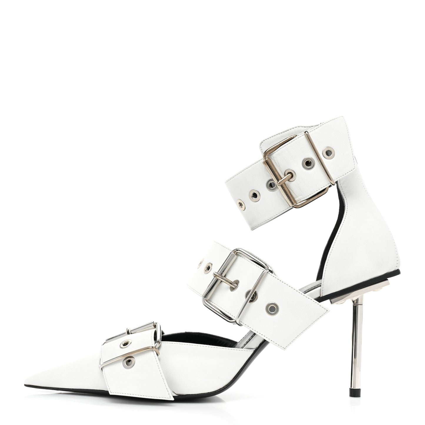 Shiny Kidskin Point Toe Buckle Pumps 38 White