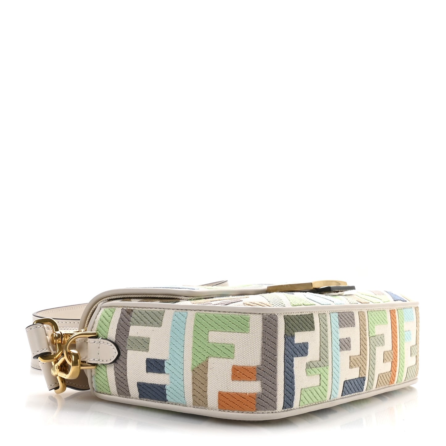 Canvas Vitello Seta FF Multicolor Embroidered Baguette Grezzo Multicolor Latte
