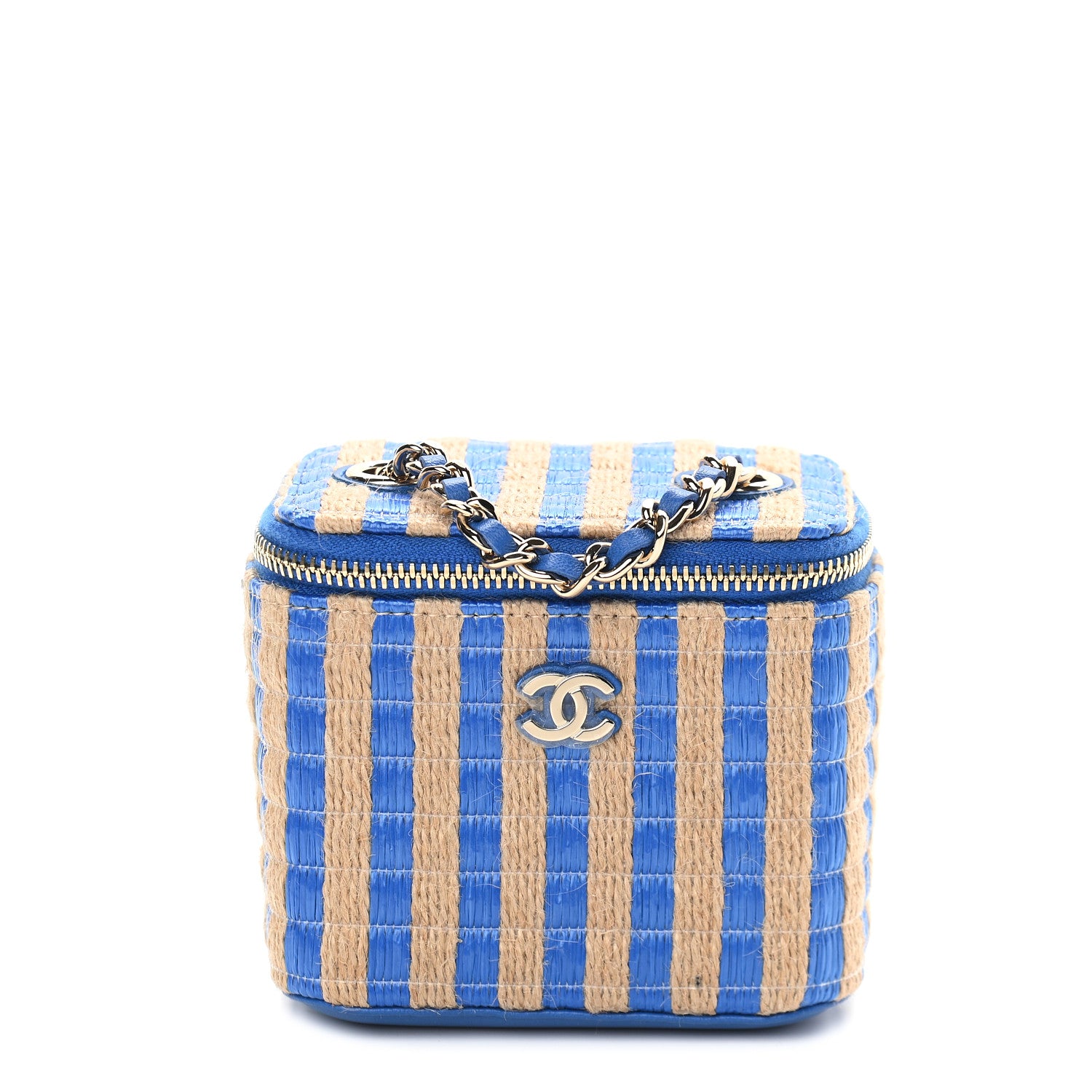 Chanel Raffia Jute Striped Mini Vanity Case With Chain Blue Beige 1 of 9