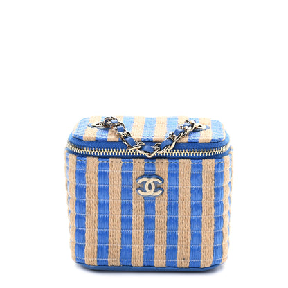 Chanel Raffia Jute Striped Mini Vanity Case With Chain Blue Beige 1 of 9
