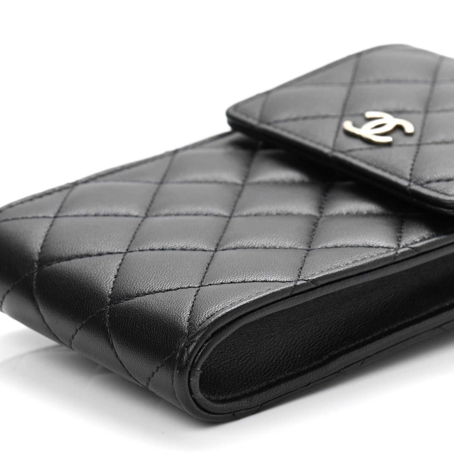 Lambskin Quilted Pearl Phone Holder With Chain Black