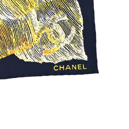 Chanel Silk Camellia Scarf Navy Yellow 2 of 3