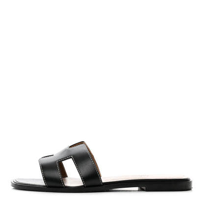 Hermes Box Calfskin Oran Sandals 37.5 Black 1 of 9