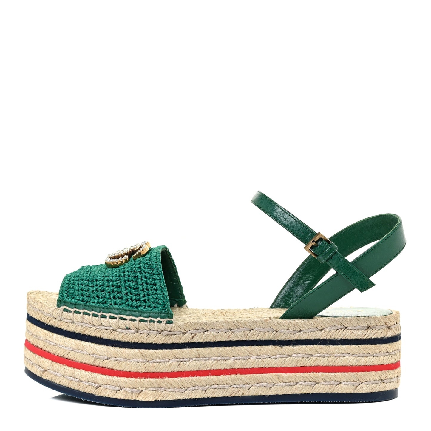 Cotton Malaga Kid Crochet Pearly GG Lilibeth Espadrille Platform Sandals 39.5 Emerald
