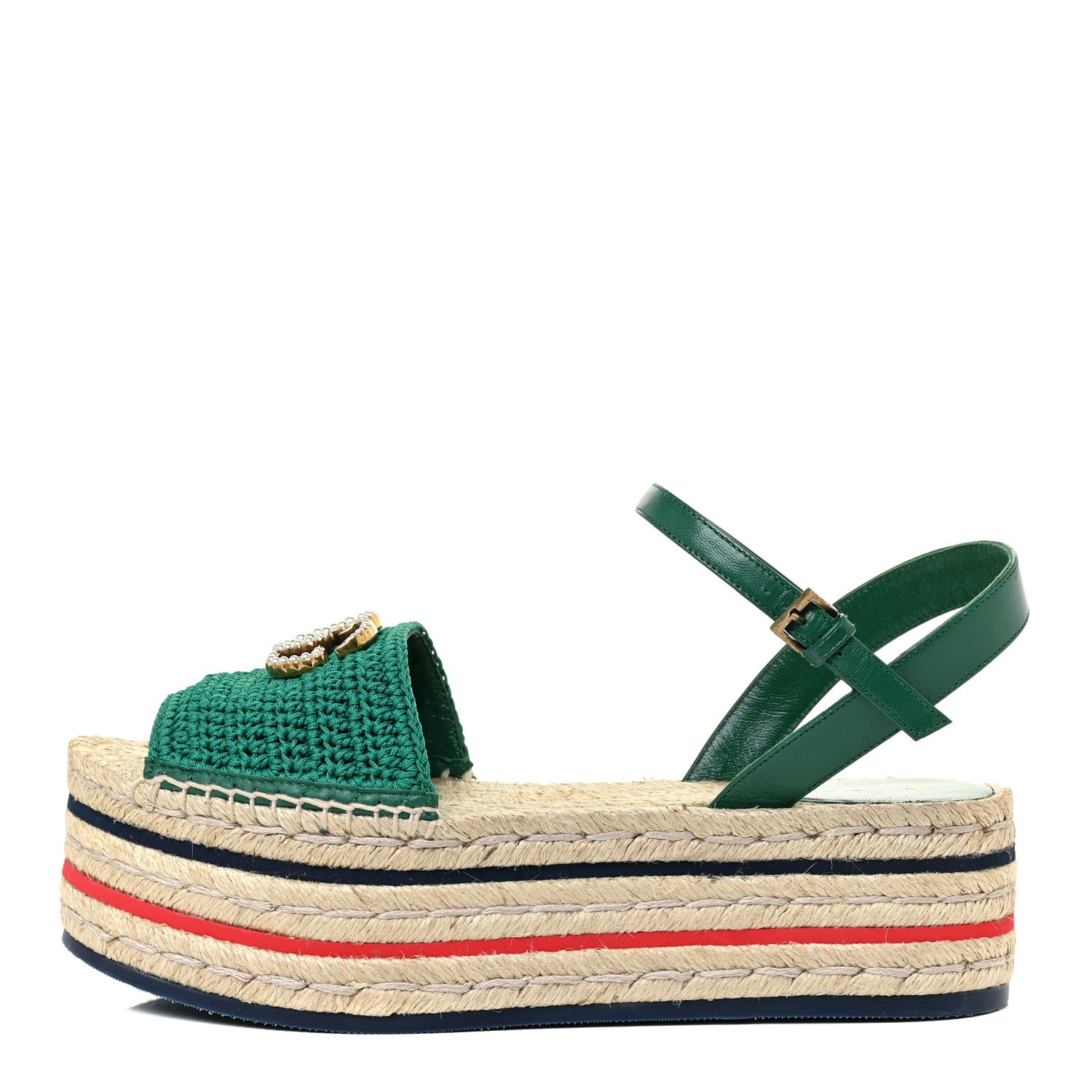 Gucci Cotton Malaga Kid Crochet Pearly GG Lilibeth Espadrille Platform Sandals 39.5 Emerald 1 of 13