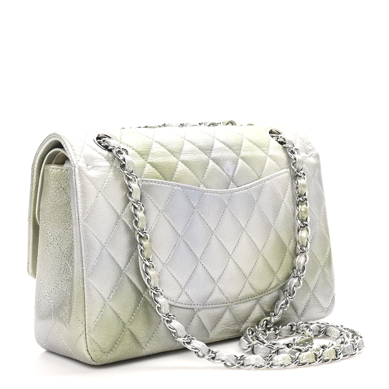 Chanel Metallic Goatskin Quilted Ombre Medium Double Flap Grey Green 3 of 10