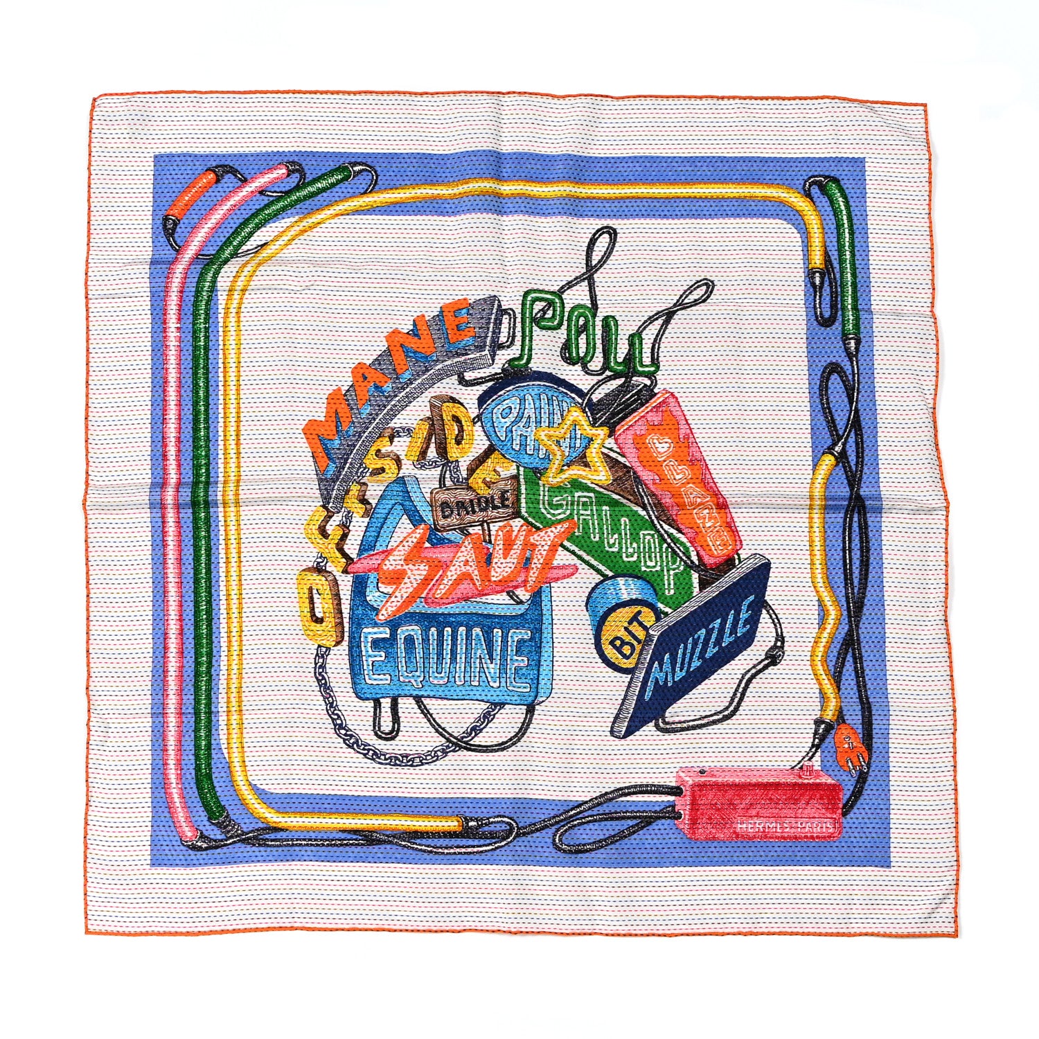 Hermes Silk Pointille Chevaloscope Neon Scarf 70 White Bleu Vert 1 of 3