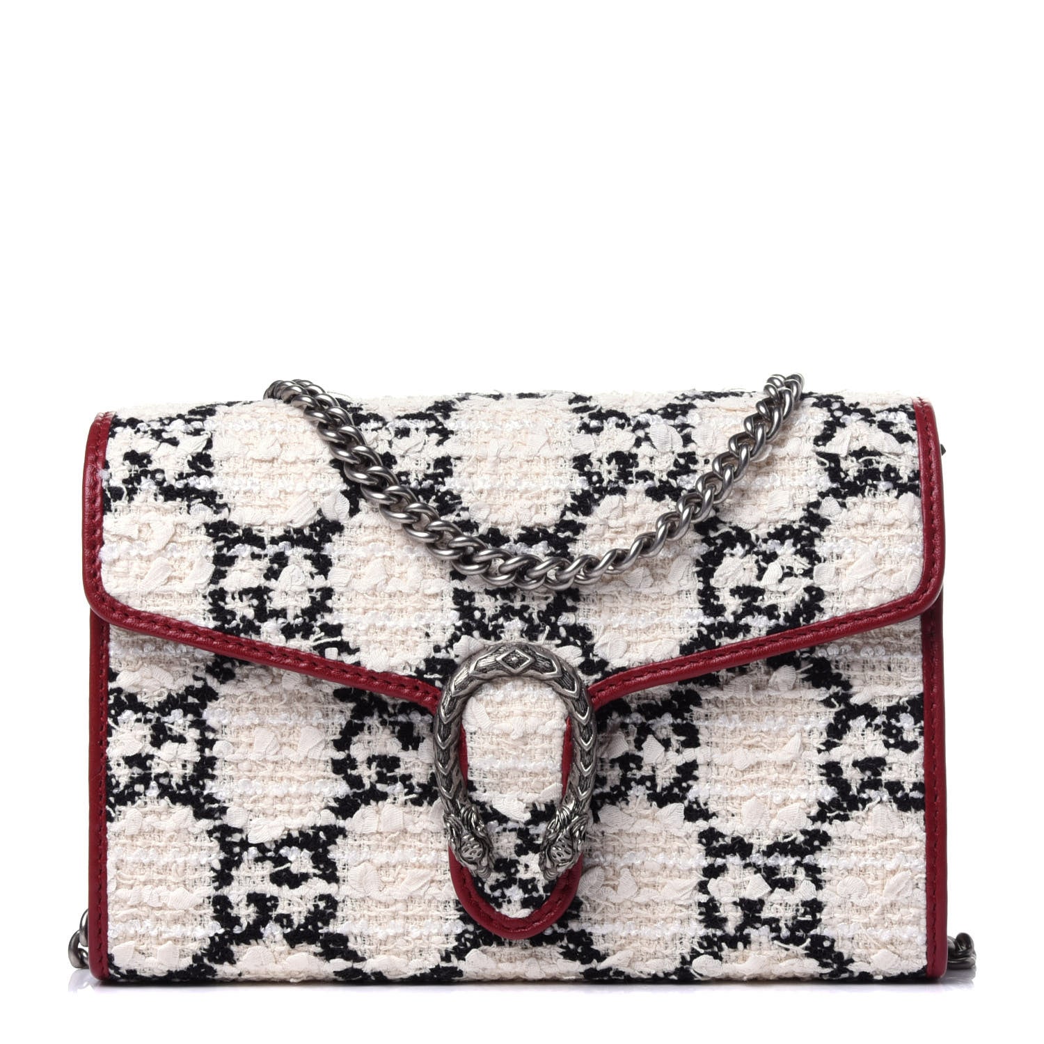 Gucci Tweed GG Monogram Mini Dionysus Chain Wallet White Black Romantic Cherry 1 of 12
