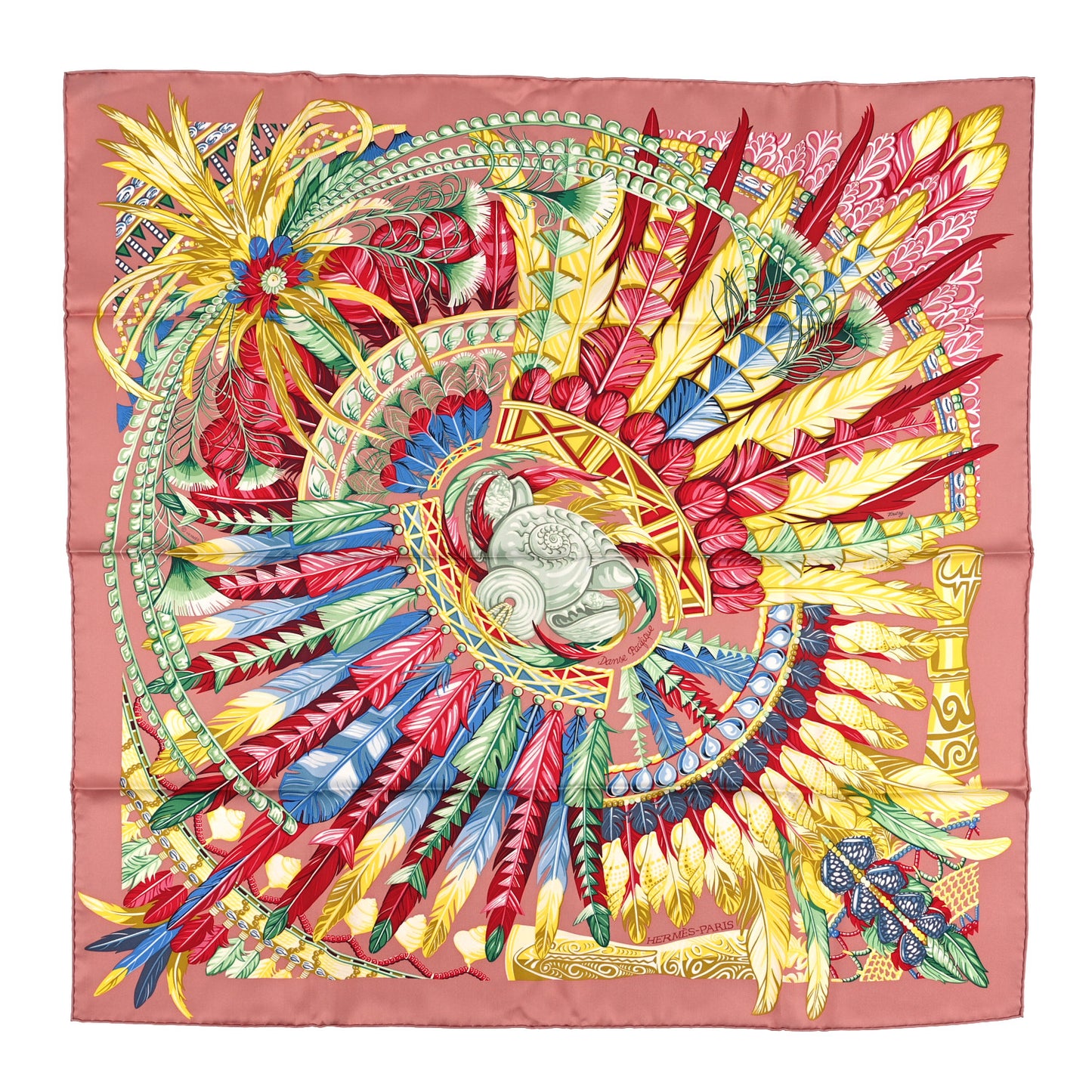 Silk Danse Pacifique Scarf 90 Vieux Rose Vert Jaune