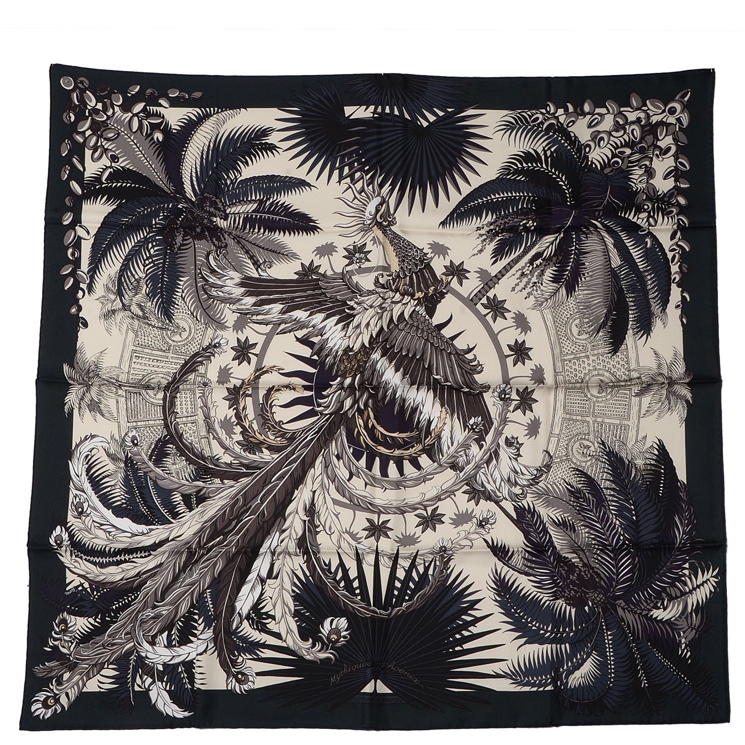 Hermes Silk Mythiques Phoenix Scarf 90 Vert Anthracite Vanille Auberg 2 of 6