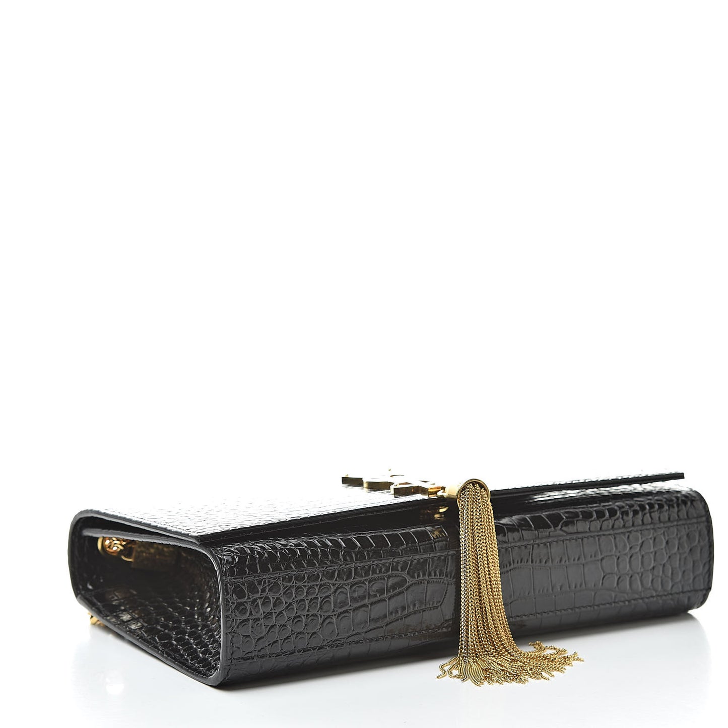 Calfskin Crocodile Embossed Medium Classic Monogram Kate Tassel Satchel Black