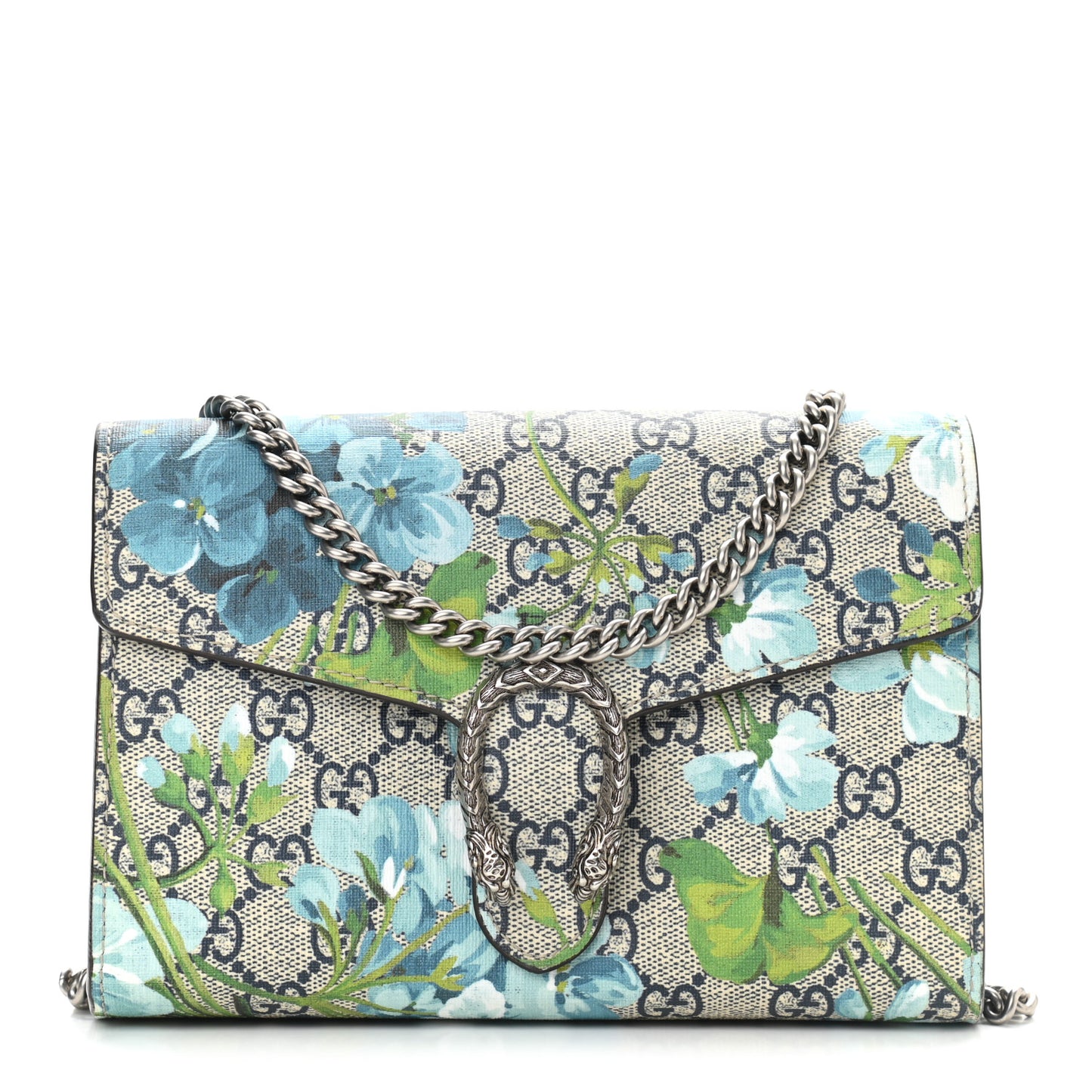 GG Supreme Monogram Blooms Mini Dionysus Chain Wallet Beige Blue Navy Vintage Blue