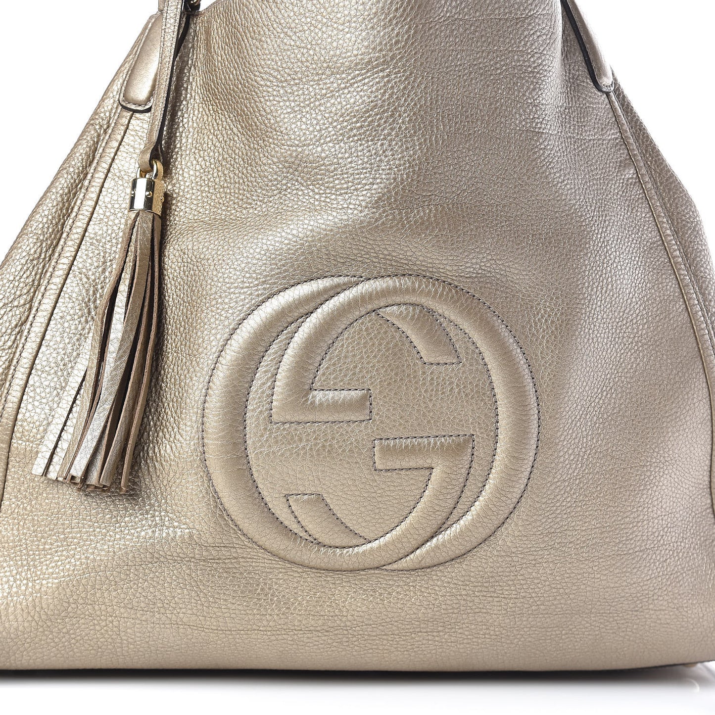 Metallic Pebbled Calfskin Large Soho Shoulder Bag Golden Beige