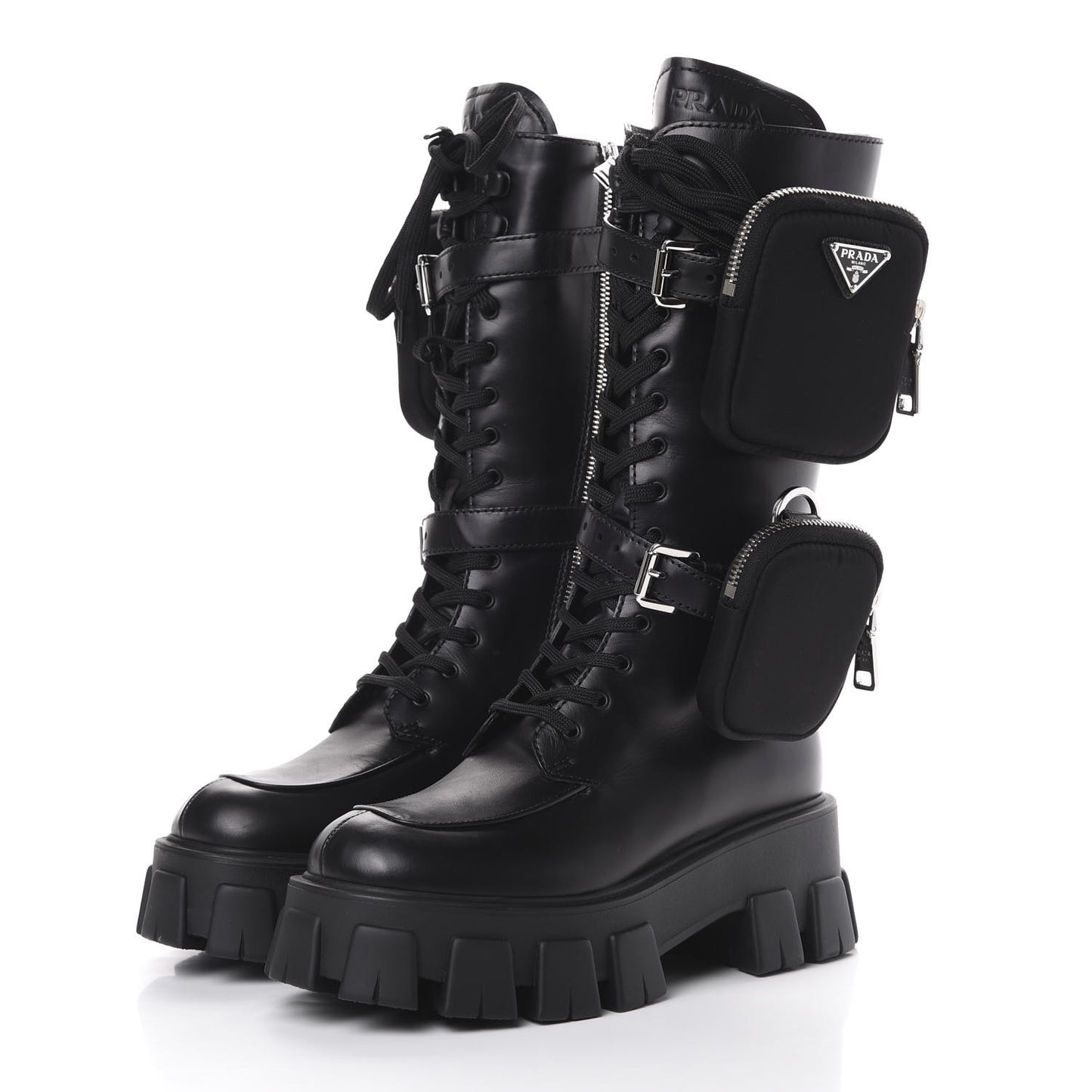 Vitello Lux Nylon Metal Triangle Logo Monolith Pouch Pocket 55mm Tall Combat Boots 35 Black