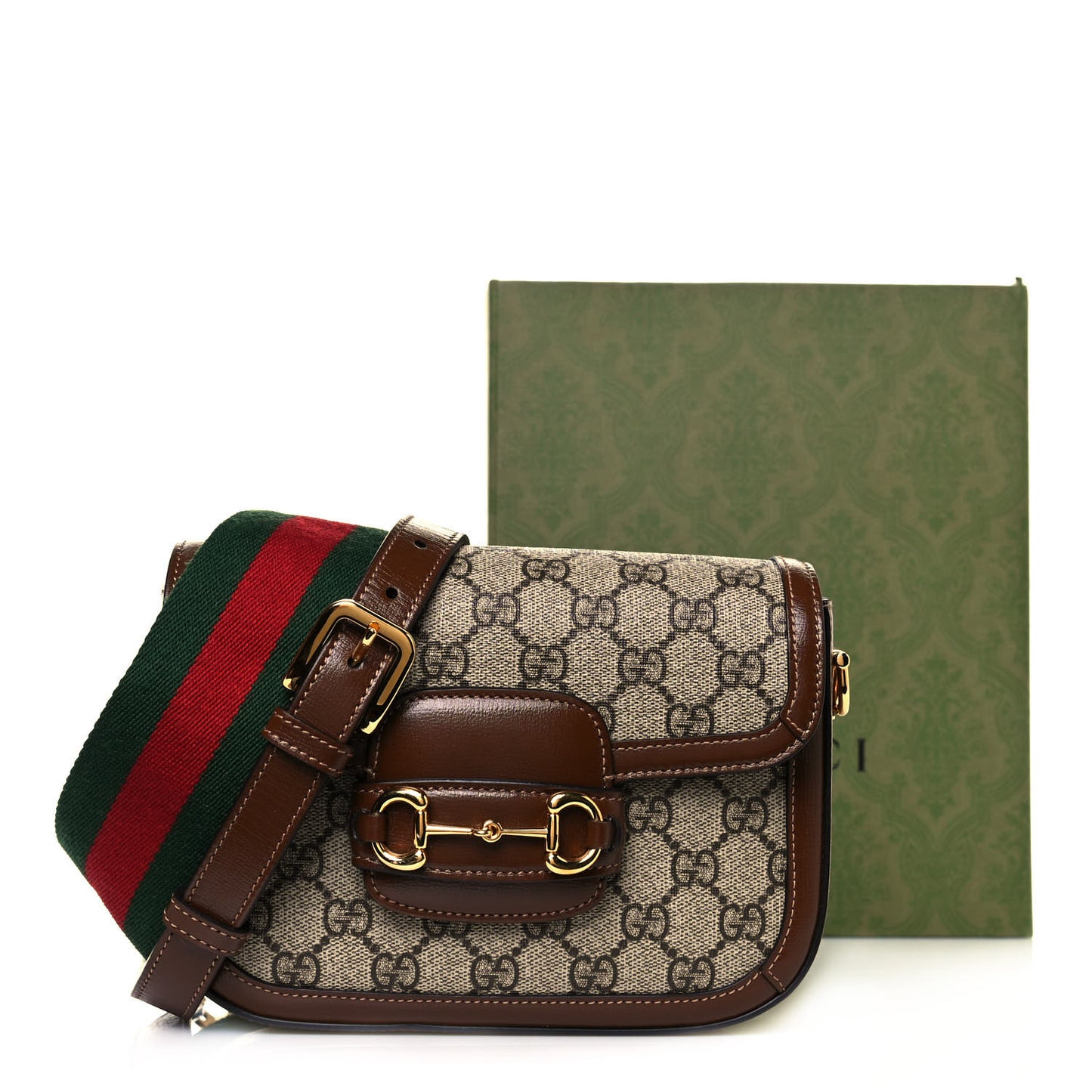 GG Supreme Monogram Web Mini Horsebit 1955 Shoulder Bag Beige Brown Sugar