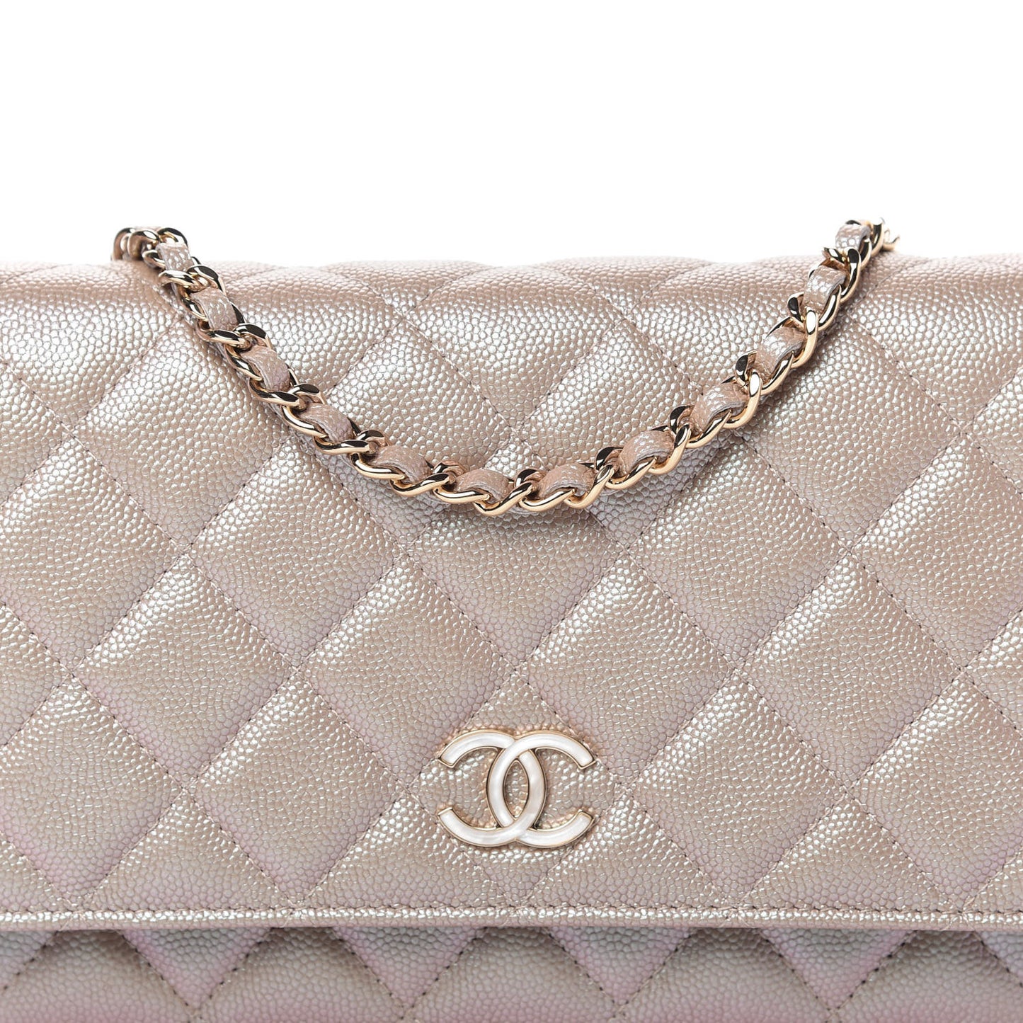 Iridescent Caviar Quilted Wallet On Chain WOC Beige