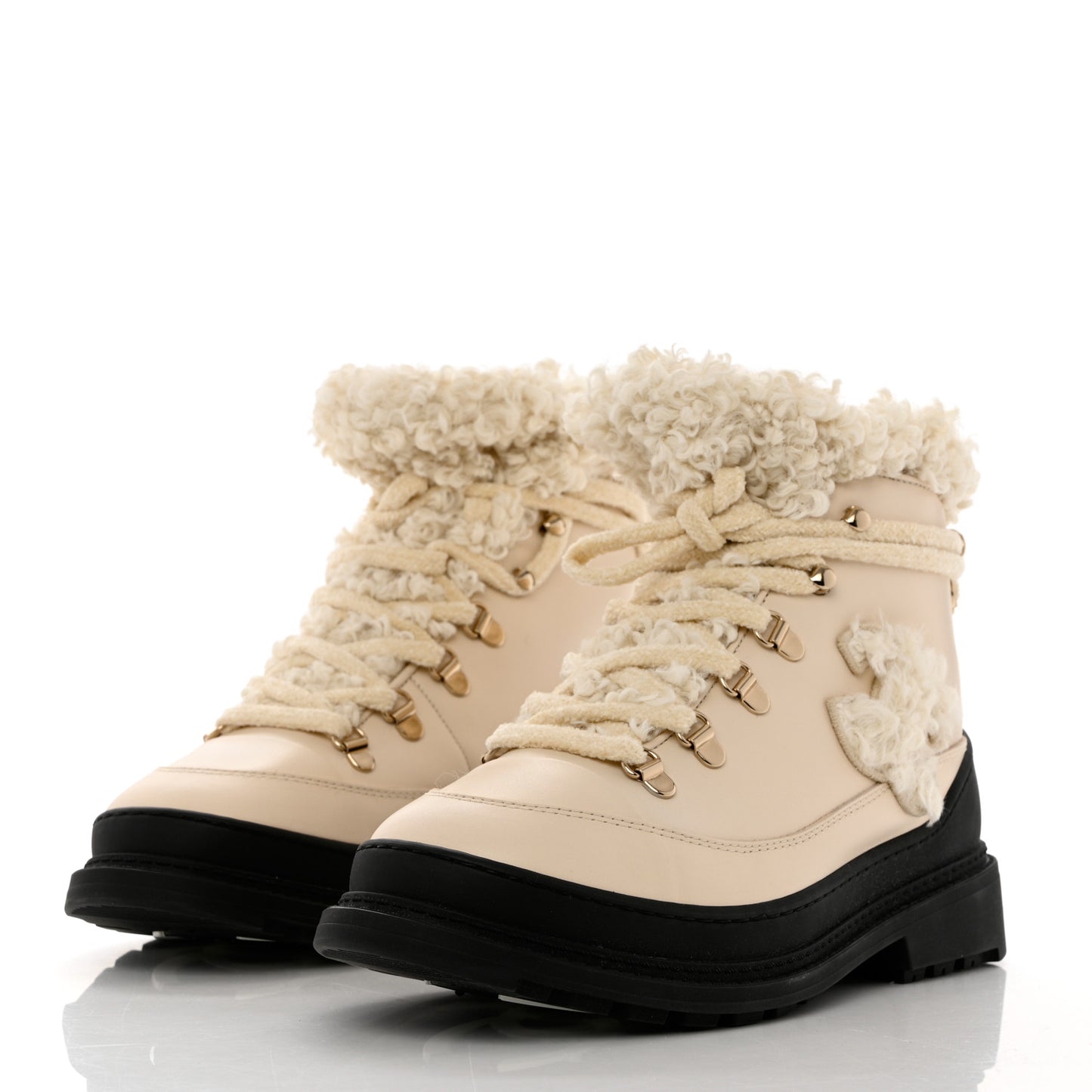 Calfskin Shearling CC Lace Up Boots 38 Light Beige Ivory