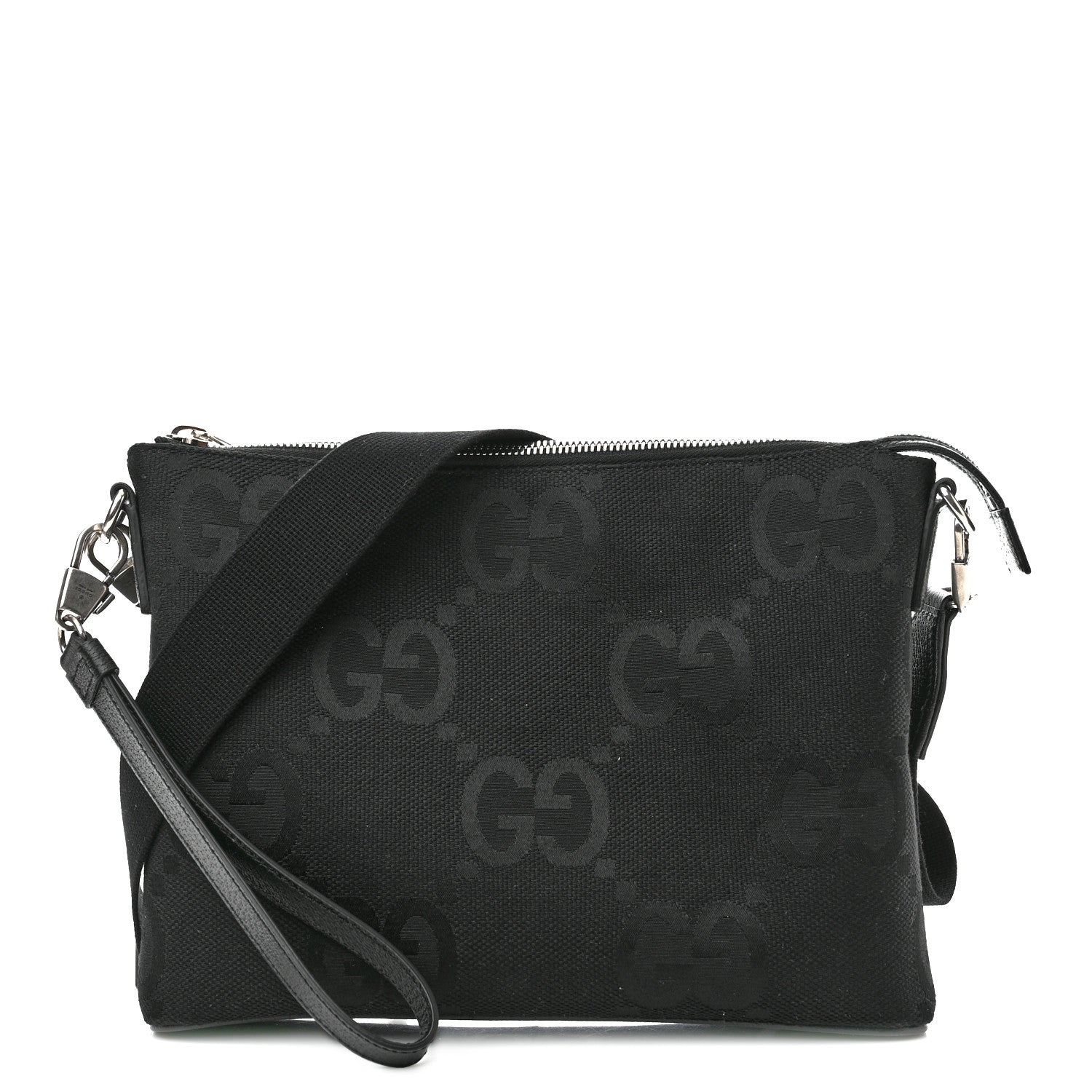 Gucci Monogram Jumbo GG Textured Dollar Calfskin Wristlet Messenger Bag Black 1 of 11