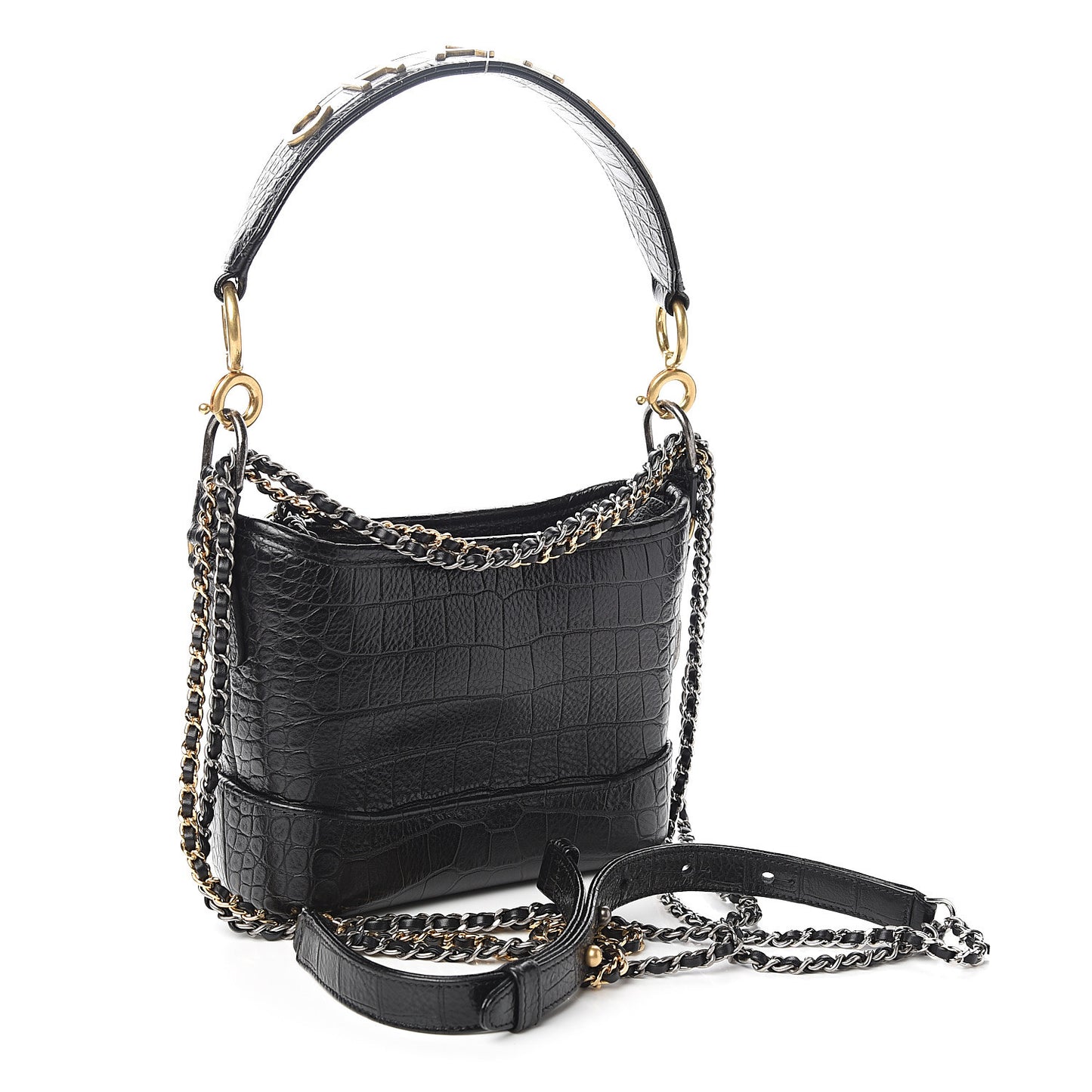 Calfskin Crocodile Embossed Small Gabrielle Cocodile Hobo Black