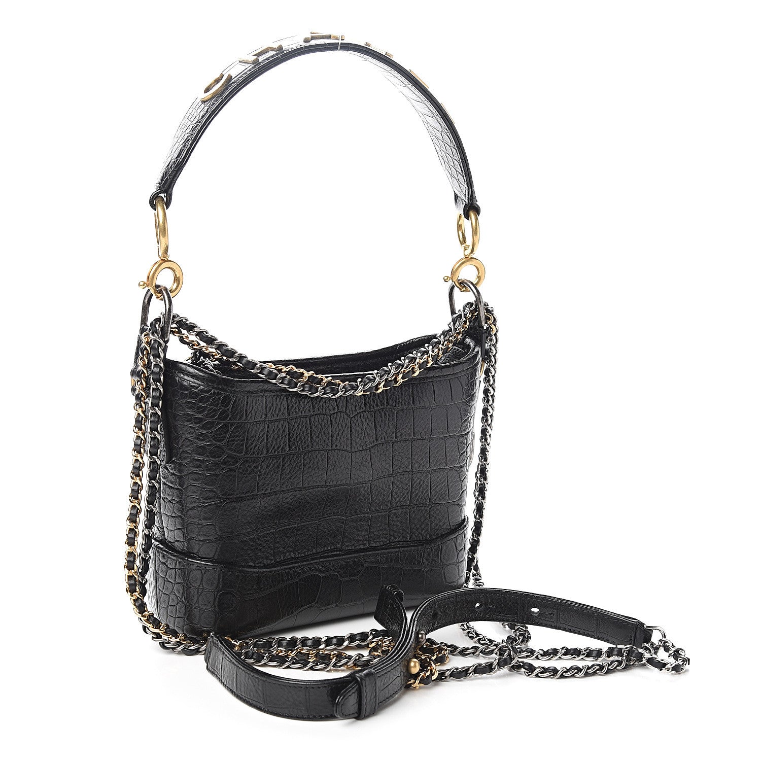 Chanel Calfskin Crocodile Embossed Small Gabrielle Cocodile Hobo Black 2 of 11