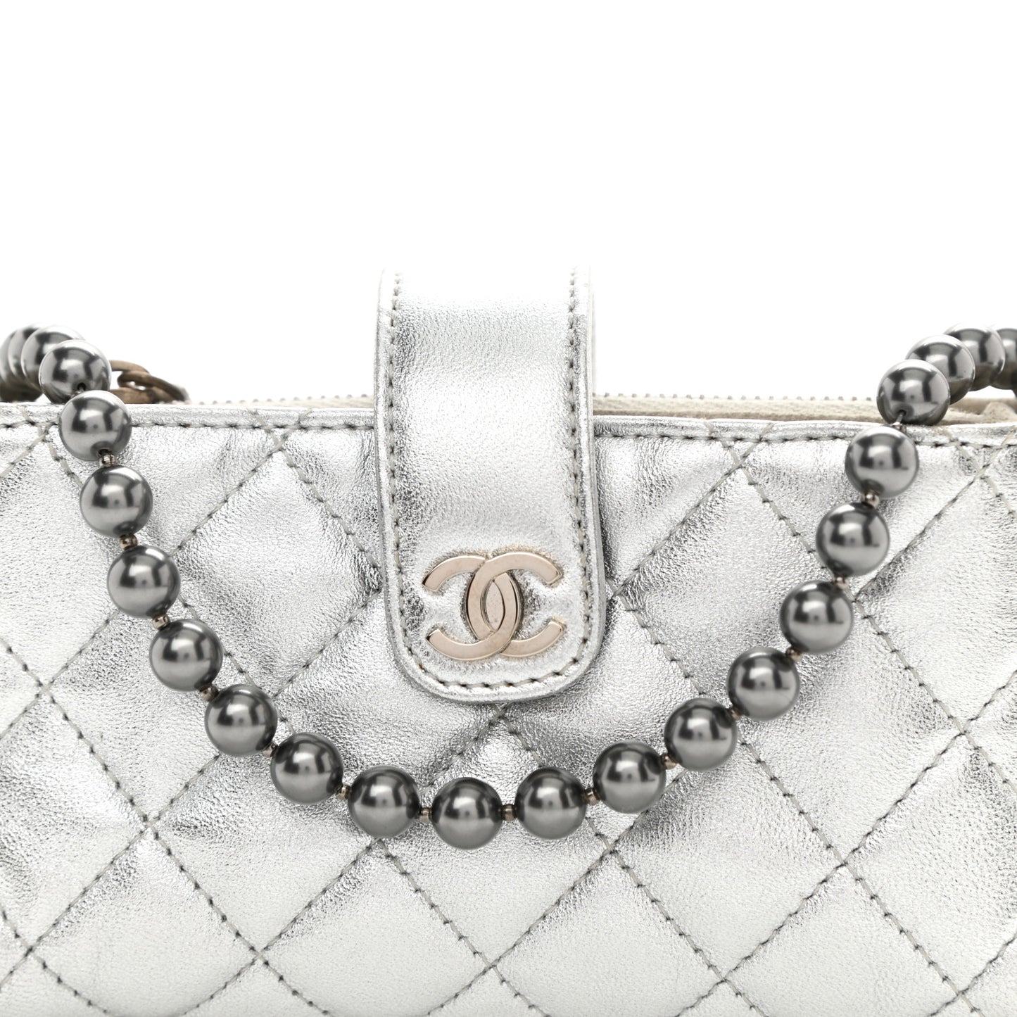 Metallic Lambskin Quilted Pearl Chain Mini Love Symbols Bag Silver