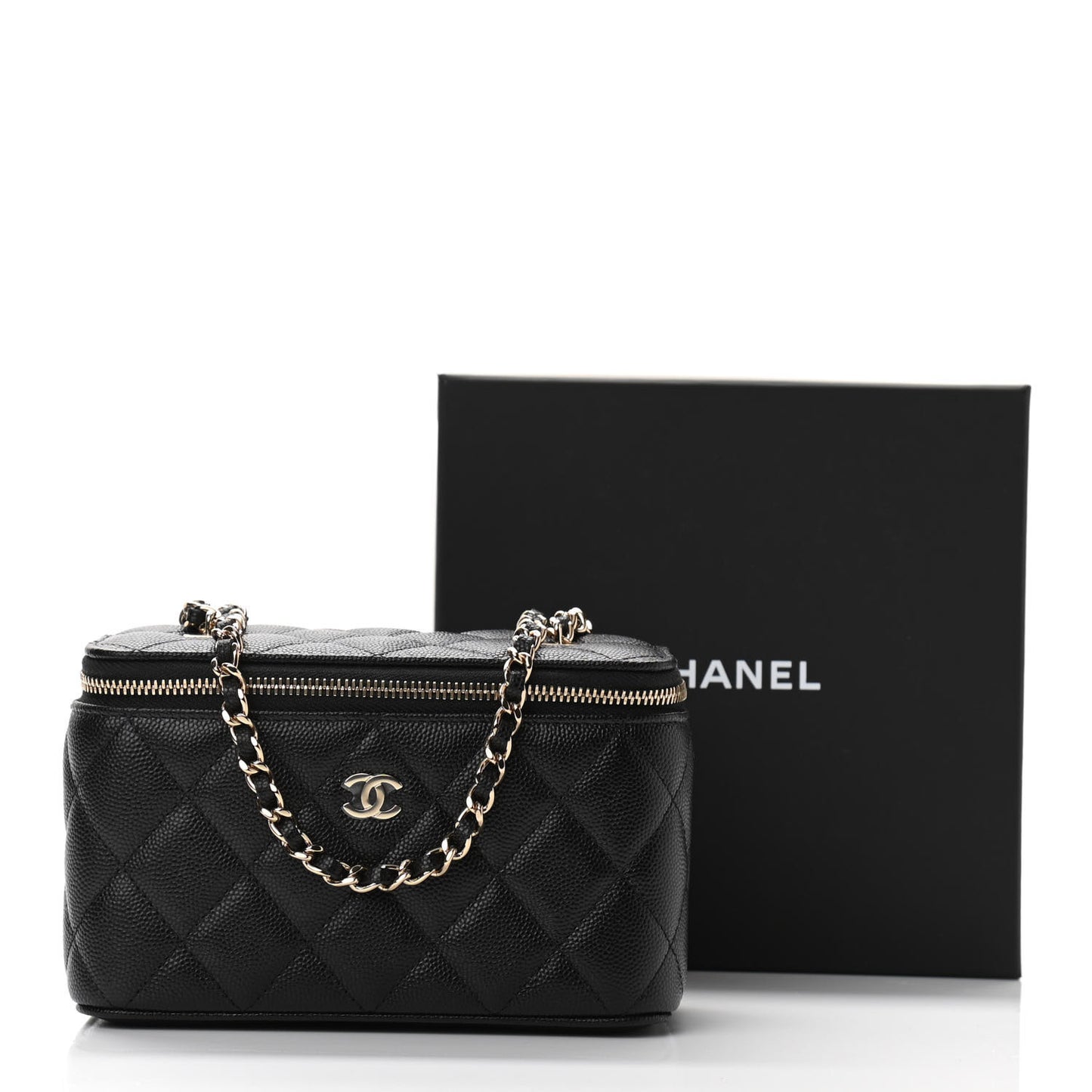 Caviar Quilted Small Vanity Case With Chain Black