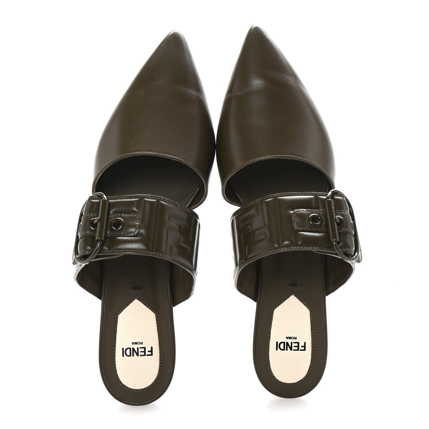 Vitello FF Embossed Buckle Flat Mules 37 Wood