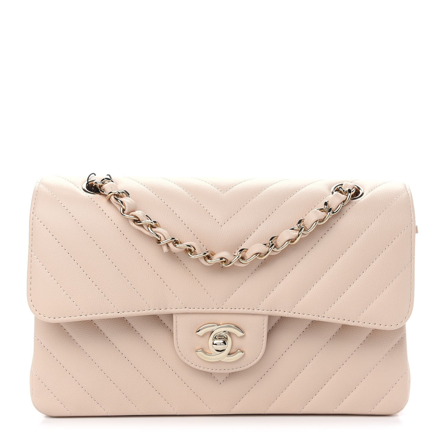 Caviar Chevron Quilted Small Double Flap Beige
