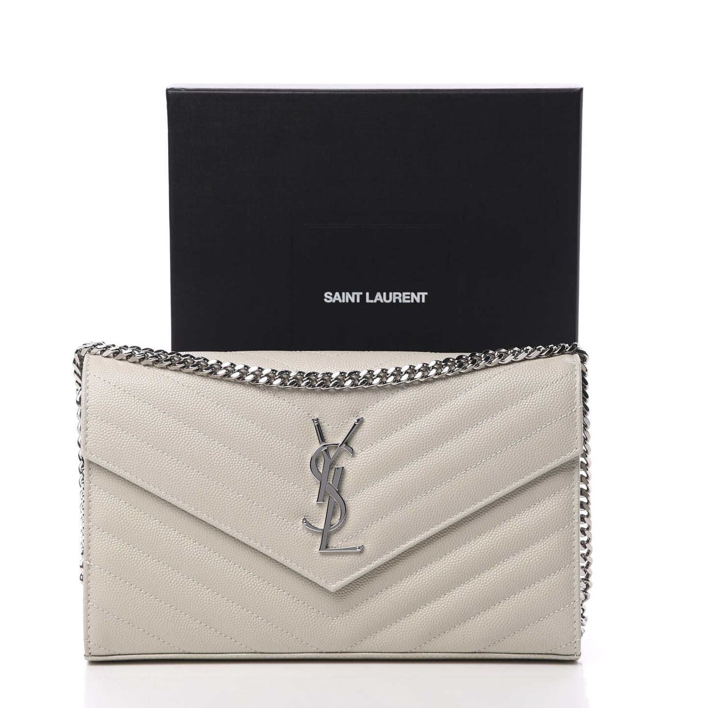 Grain De Poudre Matelasse Chevron Monogram Chain Wallet Icy White